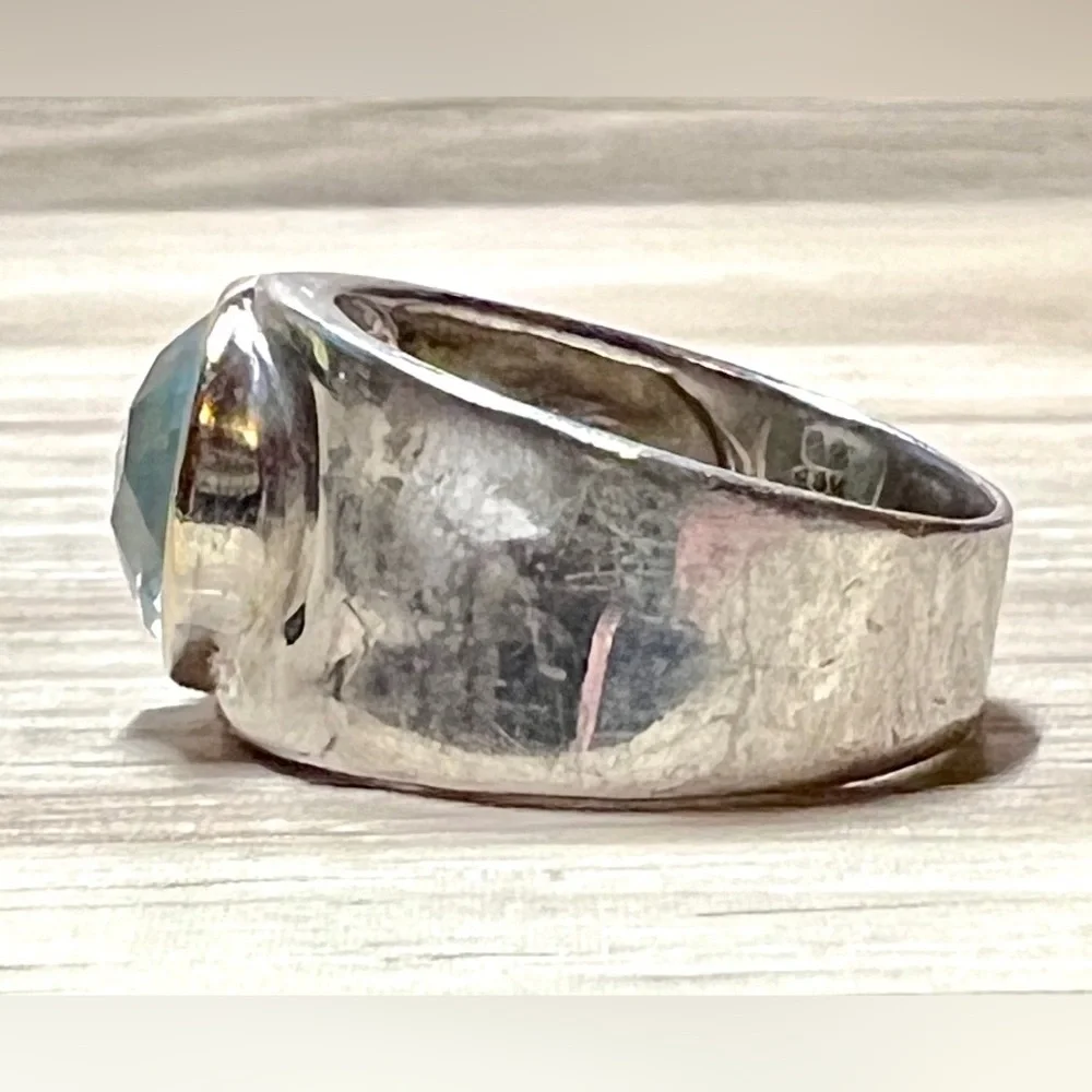 Vintage Designer Signed ATR Sterling Silver & 14K Gold Blue Topaz Ring, Size 6.5